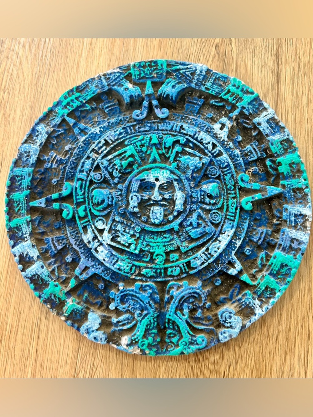 Vintage Mayan Aztec Sun Calendar Green Crushed Malachite Wall Plaque Art 7"